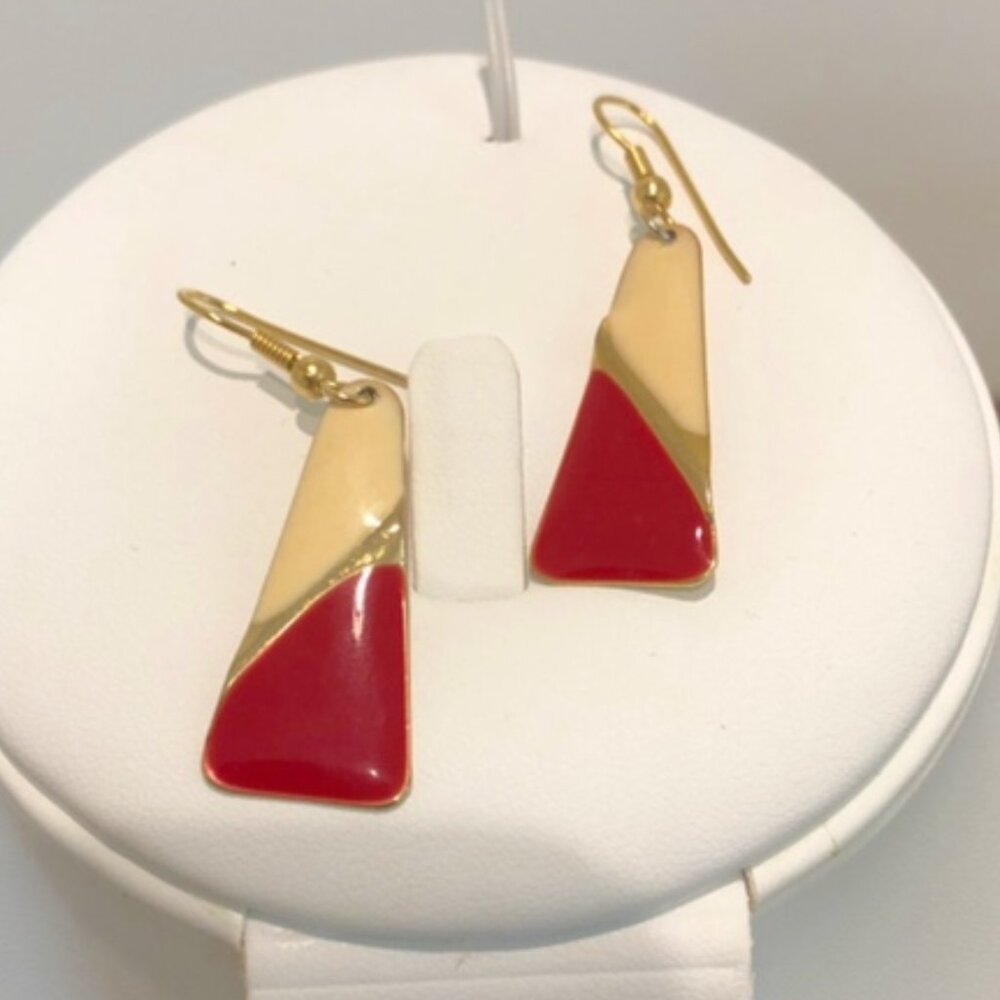 Red Cream Two-Tone Rectangular Dangle Earrings 80… - image 1